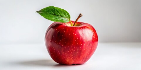 Vibrant Red Apple with Green Leaf on Minimalist White Background - Freshness and Purity Personified, Perfect for Food, Health and Wellness Concepts