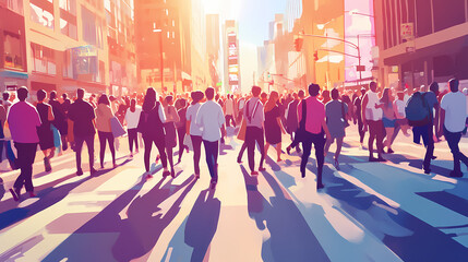 Obraz premium Crowd of people walking briskly on a bustling city street, capturing urban activity, render the chaos and excitement of a busy sidewalk sale. Busy Crosswalk. Illustration