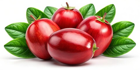 Vibrant Red Fruits with Green Leaves on White Freshness and Elegance, Macro View Food Photography for Cookbooks, Wellness, and More