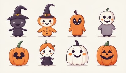 Cute Halloween Characters An adorable icon set featuring Halloween-themed characters such as a smiling ghost, friendly vampire, cheerful witch, happy jack-o'-lantern, and a cute little