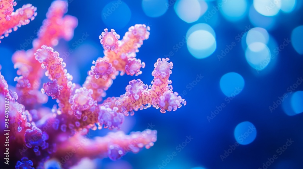 Poster an underwater close-up of branching corals with various hues, creating a stunning visual contrast ag