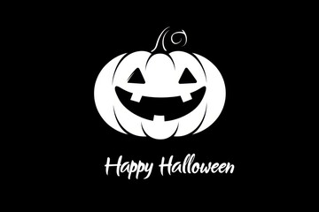 "Happy Halloween", a minimalistic design with a white font and a pumpkin ghost icon on a black background Generative AI