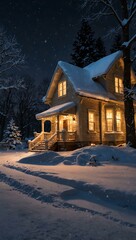Beautiful home covered in snow during a peaceful winter evening