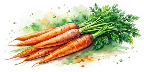 Vibrant Watercolor Painting of Fresh Carrots with Leafy Tops, Organic Composition and Artistic Flair, Botanical Illustration