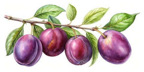 Watercolor Illustration of a Plum Branch, watercolor painting, fruit, leaves, branch, plum branch, fruit illustration