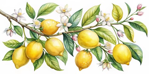 Watercolor Lemon Branch with Flowers, Watercolor Illustration, Botanical Art, Citrus Fruit, Lemon Tree, Lemon Blossom , citrus