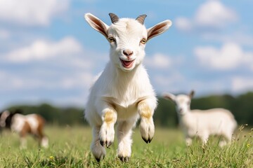 Obraz premium A baby goat hopping around in a meadow, full of life and playfulness with other animals nearby