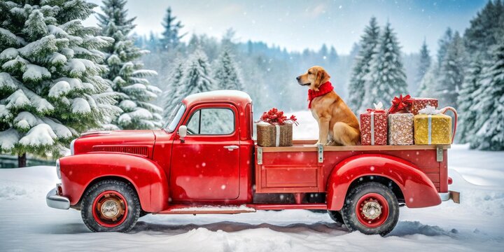 Winter Wonderland Festive Red Vintage Truck in Snowy Forest with Christmas Presents and Golden Retriever - Holiday Cheer and Cozy Gifts