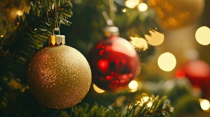 A close-up of Christmas ornaments in shades of gold and red, hanging on a tree with warm holiday lights in the background.