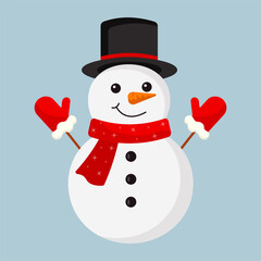 Cute snowman in a hat, mittens and scarf. Vector christmas character icon