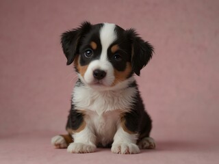 Black and white puppy with a curious look on a pink backdrop.