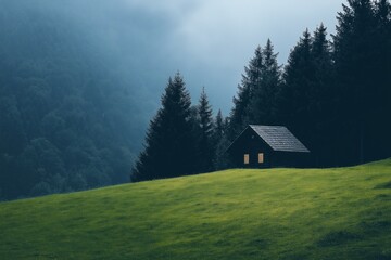 Obraz premium An isolated cabin stands glowing amidst a pine forest at dusk, below cloudy twilight sky, representing solitude.