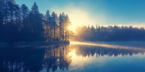 Fototapeta premium A serene misty lake reflecting trees during sunrise, creating a tranquil and picturesque natural scene.