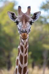 Fototapeta premium A giraffe stands tall in a natural setting, its long neck and spots visible against a blurred background of trees.