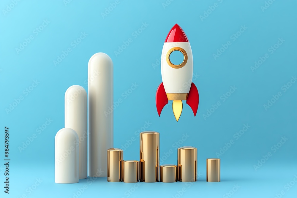 Poster business accelerator graph with rocket icon, showing rapid growth and progress in a minimalist, slee