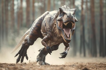 Fototapeta premium Fierce Tyrannosaurus Rex Dinosaur Charging Through the Forest