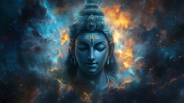 Digital art of lord shiva's face against a stunning nebula background, representing cosmic energy and spiritual awakening. suitable for religious or spiritual themes. Hindu Deities. Illustration