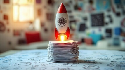 Abstract rocket launching from a stack of ideas drawn on paper, start-up concept, launching a business idea
