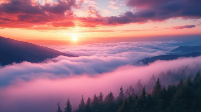 Vibrant sunrise above rolling clouds and forest
