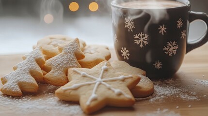 A close-up of holiday cookies shaped like stars, trees, and snowflakes, placed beside a steaming cup of hot cocoa.