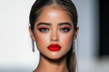 A close-up of a fashion modelâ€™s face, highlighting flawless makeup, striking eyes, and bold lipstick