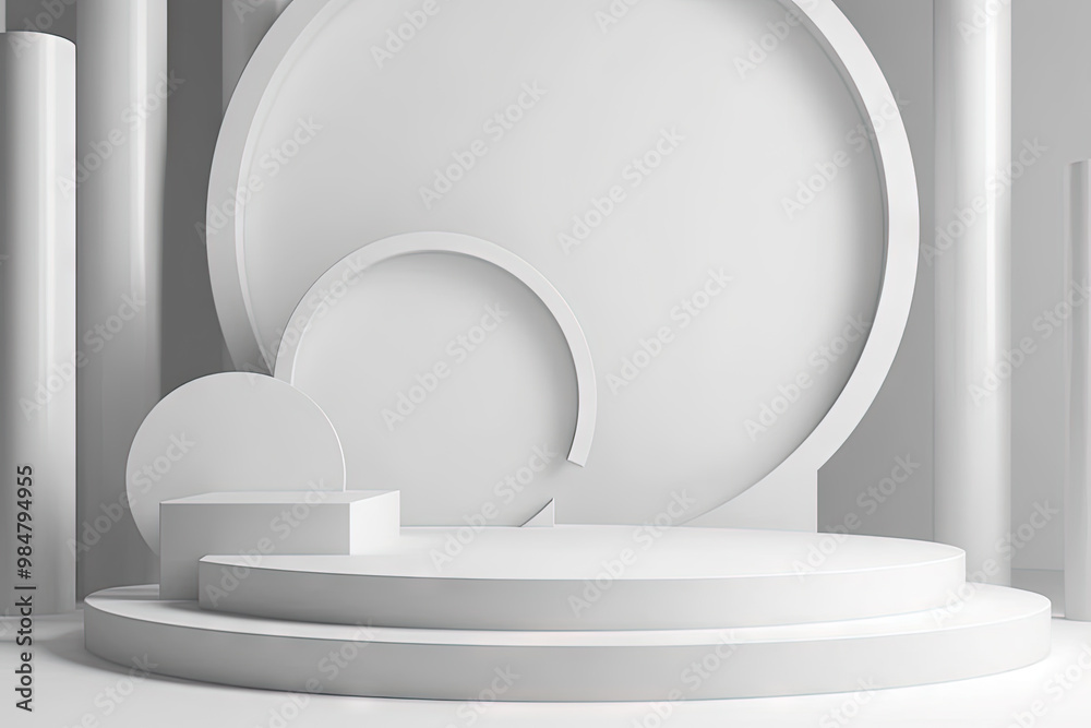 Poster pedestal in the room in white color with geometric shapes. podium for product showcase with geometri
