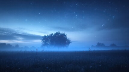 Fototapeta premium Stars in a foggy night, where the soft glow of distant stars shines faintly through a misty, ethereal landscape.