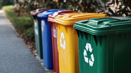 Color-coded recycling bins lined up outdoors for waste sorting