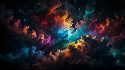 Bright cloud of vibrant colors sparkling in dark space.