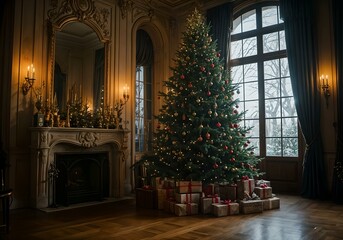 Luxurious interior with fireplace and Christmas tree