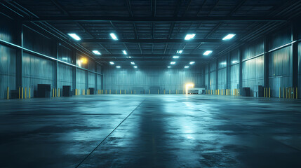 Empty industrial area with a quiet asphalt ground, illuminated by the brilliance of the night sky. Abandoned Warehouse. Illustration