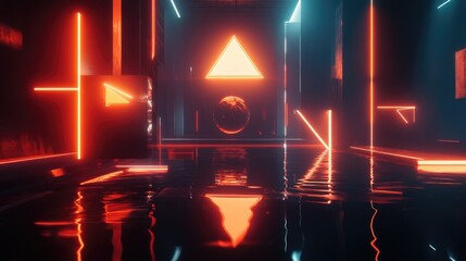 Abstract futuristic neon light tunnel with reflective floor.