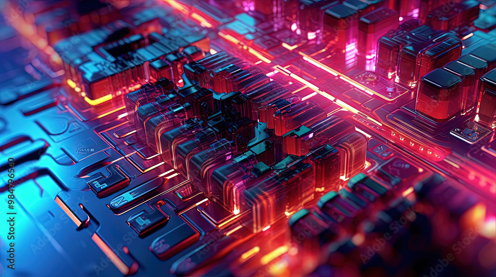 Poster motherboard with chips and connections in purple and blue neon lights. technology background with mi