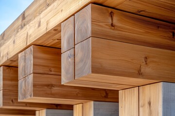 A close-up of modern wooden architecture, featuring natural wood tones and a minimalist design