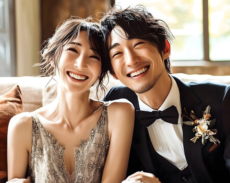 A joyful portrait of an Asian bride and groom sharing a relaxed, light-hearted moment, smiling and laughing together as they sit side by side.
