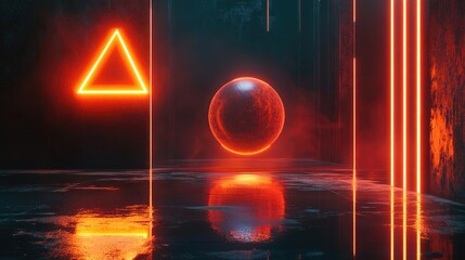 Fototapeta premium Glowing red neon triangle, sphere, and lines in an abstract, dark room.