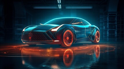 Fototapeta premium A futuristic electric car glows in a mystical neonlit forest, embodying innovation and ecofriendly technology