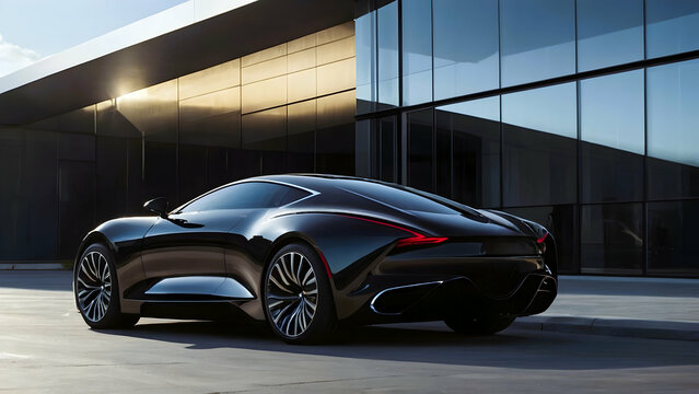 A black sports car parked in front of a modern building with large glass windows. The car has a low profile and aerodynamic design, with the taillights and a portion of the body visible.