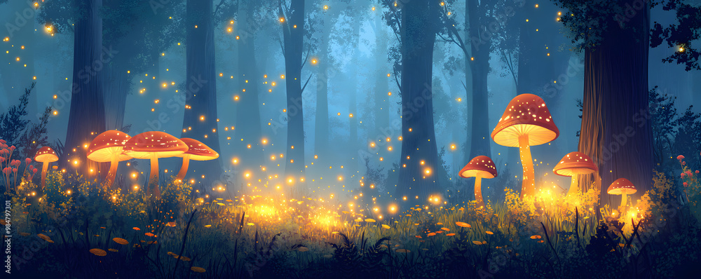 Canvas Prints A magical forest with towering trees and glowing mushrooms. Vector flat minimalistic isolated illustration.