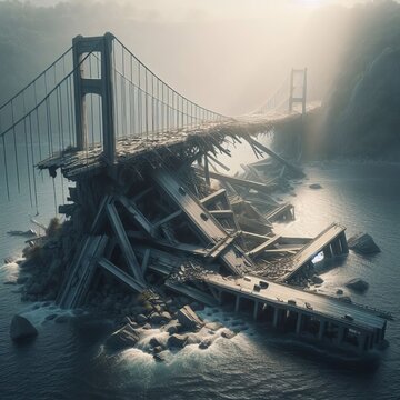 A long suspension bridge has collapsed into a tranquil body of water surrounded by mist-covered hills. The eerie setting suggests a post-apocalyptic world, with the broken bridge lying in ruins over