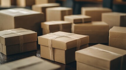Fototapeta premium Brown cardboard boxes with twine in a storage room