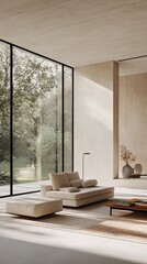 Modern living room with large windows and decor