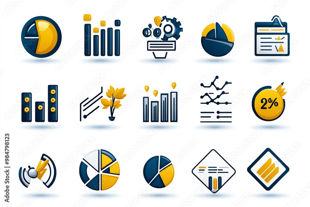 Poster Business analytics icons, including bar graphs, pie charts, and data points arranged in a clean, modern layout