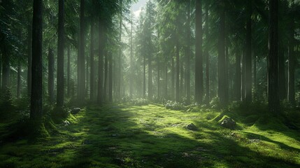 Obraz premium Lush green forest with sunlight filtering through