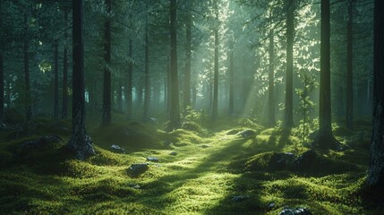 Obraz premium Sunlight filtering through green forest trees