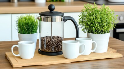 A French press and espresso machine are prominently displayed in a modern kitchen, surrounded by coffee beans and cups, with potted plants adding freshness to the cozy atmosphere