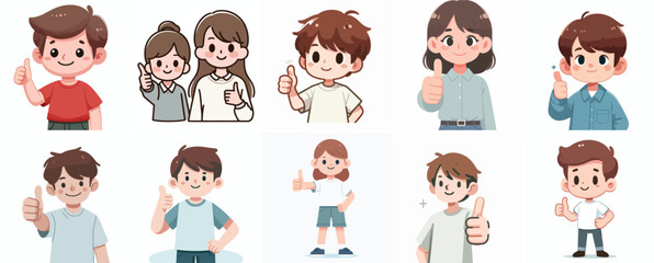 vector set of kid expressing thumbs up with a simple flat design style and white background