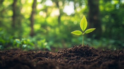Fototapeta premium A Small Green Sprout Emerging from Rich Soil in a Forest Setting