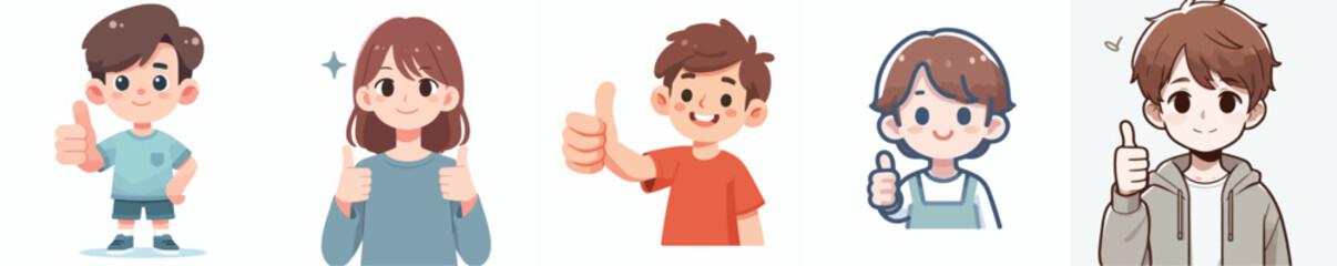 vector set of kid expressing thumbs up with a simple flat design style and white background