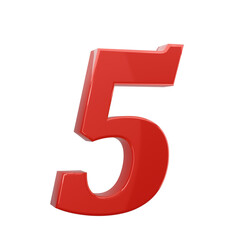 Fototapeta premium A bold isolated on transparency PNG background, red 3D number five with reflection; ideal for use in countdowns, rankings, or educational materials,